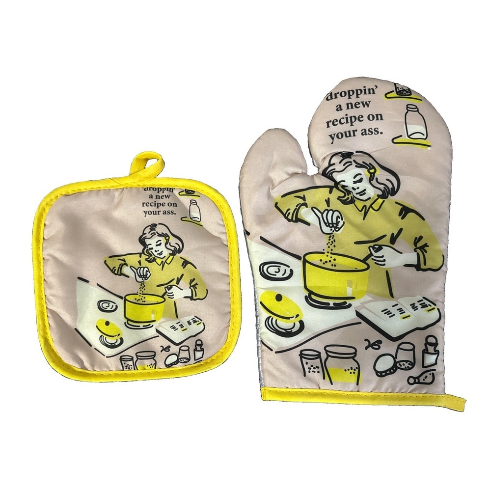 Kitchy Oven Mitten & Potholder Set  "Droppin' a New Recipe On Your Ass." NWOT